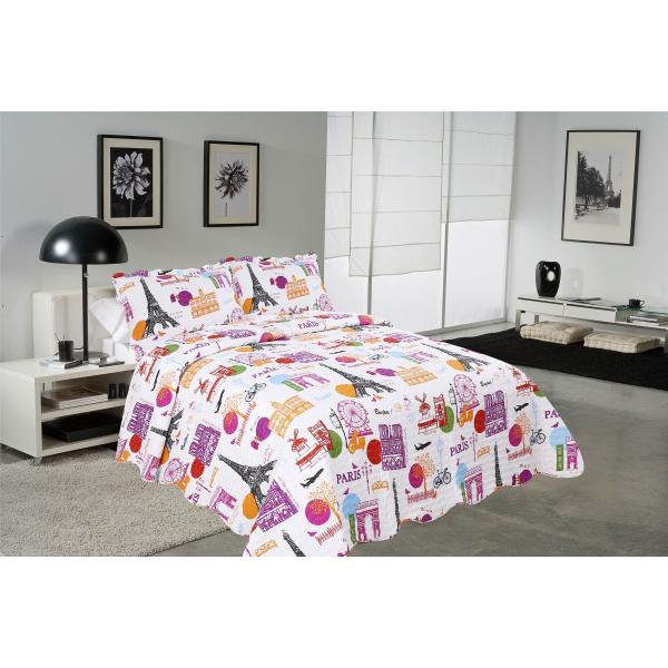 Modern Style Printed Quilt Set With Classic Ticking Printing For Bedrooms