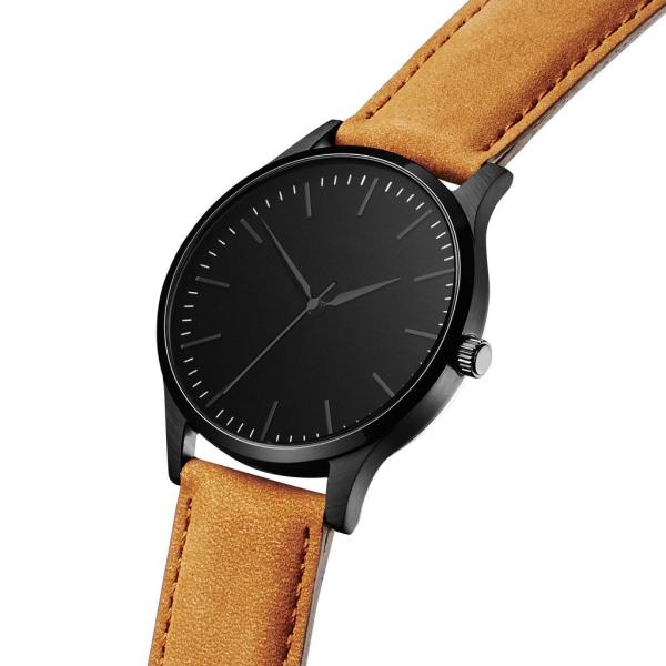 Mineral Crystal Mens Wrist Watch Leather Straps Japanese Quartz Brown Color