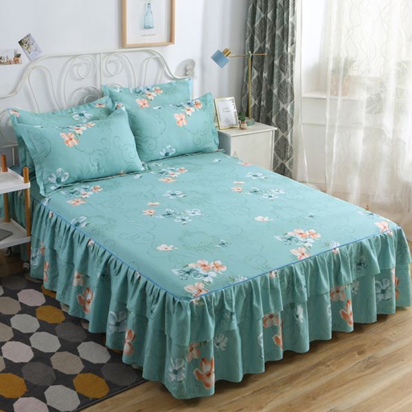 Modern Floral Plant Printed Woven 100% Cotton Bed Cover Fitted Skirt Sheets 3pcs Bedding Bedspread Sets