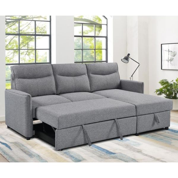 L-Shaped Reversible Sectional Sleeper Sofa with Pull-Out Bed and Storage, Gray Fabric