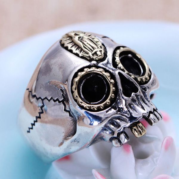 Retro Jewelry 925 Silver Golden Two Tones Skull Mens Ring (XH056039W)