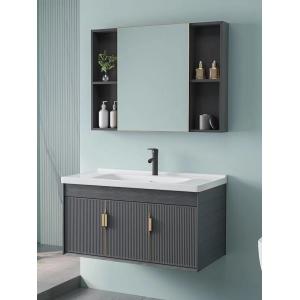 Grey Black Ceramic Wash Basin Cabinet Set Aluminium Mirrored Bathroom Cabinet