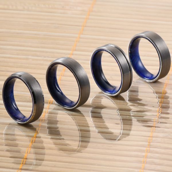 Gender Unisex Stylish Jewelry Gift Classic 6mm Beveled Tungsten Ring Black or Silver Plated with Blue Purple Wood Inside
