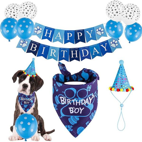 Pet Party Decoration Set Dog Bandana Hat Tie Balloons Supplies Happy Cake Topper Cloth