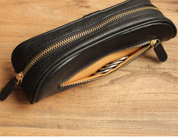 Vintage Genuine Leather Pencil Case , Handmade Artist Pencil Bag High End