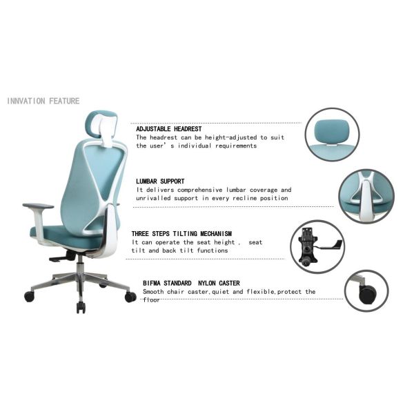 Unigamer Blue Ergonomic Desk Chair Lumbar Support BIFMA Standard Nylon Castor