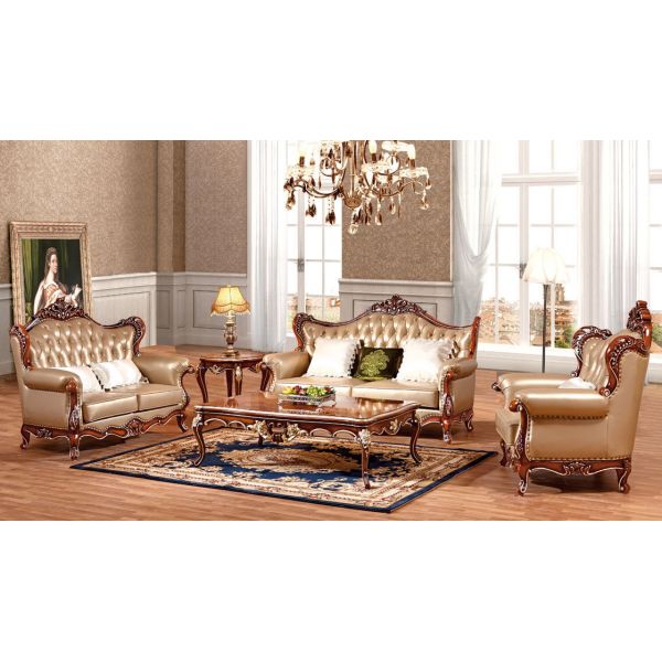 Antique Living Room Noble Sofa Sets Classic Leather and Wood Couch Furniture