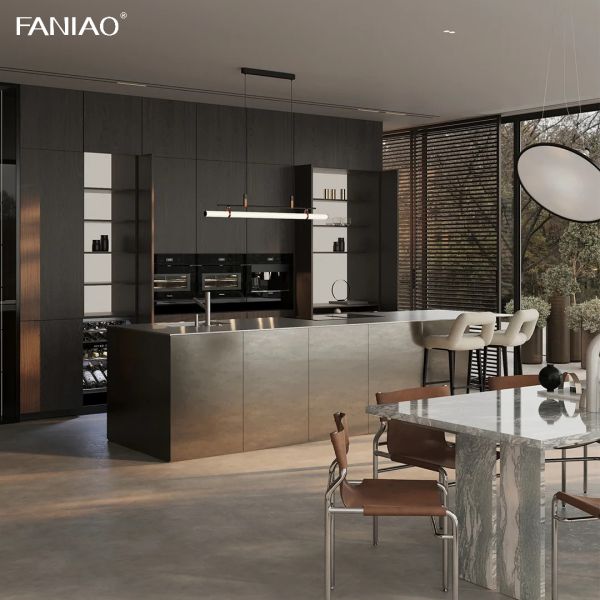 Modern Designs Stainless Steel Custom Furniture I Shaped Kitchen Cabinets Wood Grain Wall Cabinet Stainless Island