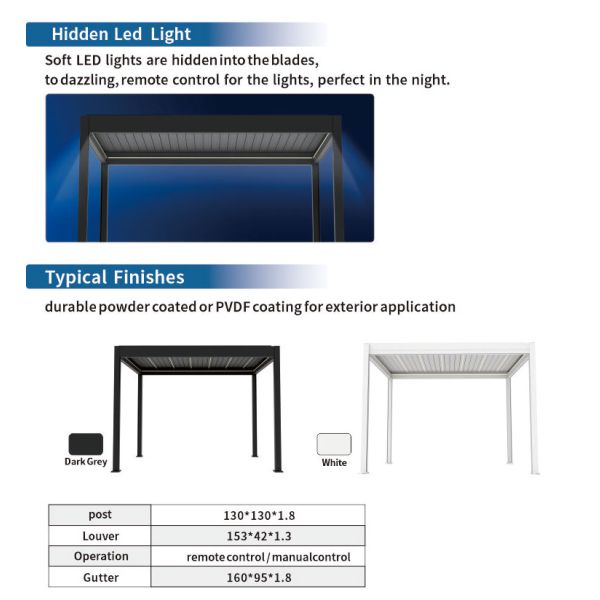 3m X 3m Light Duty Aluminum Pergola With Adjustable Louvers And Led Lights