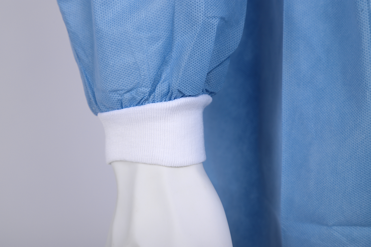 High Performance Premium Quality SMS Disposable Lab Coat With Knitted Cuffs and Collar Light Blue