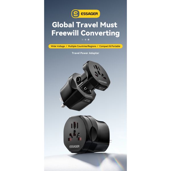 Black Travel Power Adapter ESSAGER WL-033-WL-09 Series EU UK to Universal UK to EU