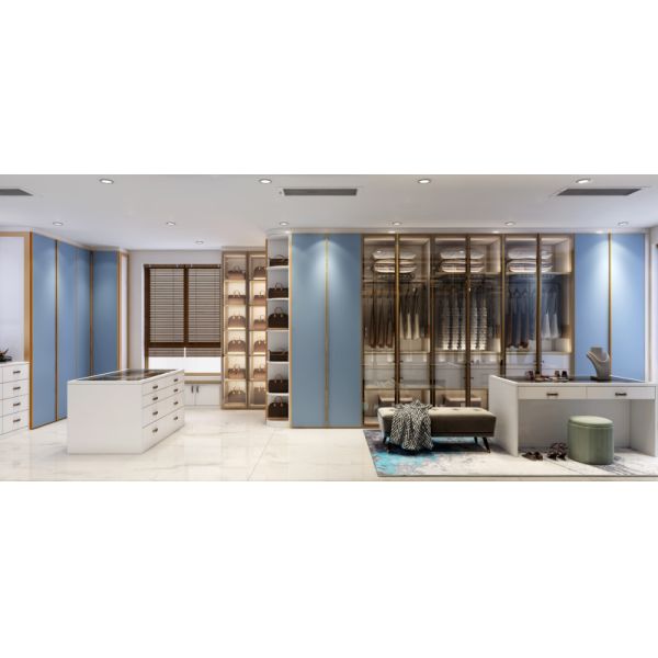 Blue Walk In Closet With Integrated Central Island Seamless Functionality