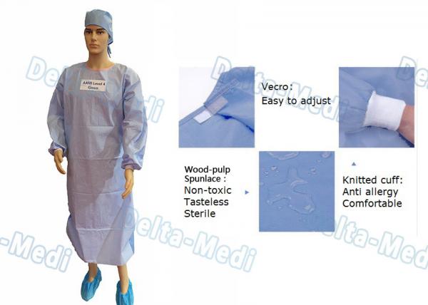 Quality Wood Pulp Spunlace Sterile Disposable Surgical Gown With Knitted Cuff for sale