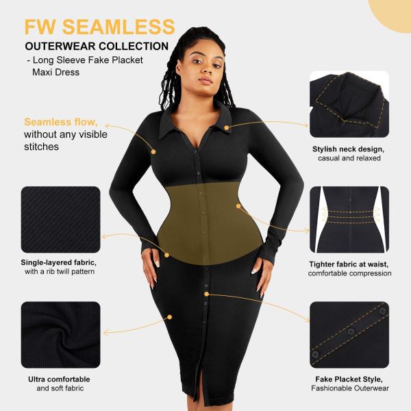 Seamless Waist Trimming Retro Long Sleeve Shirt Dress With Built In Shapewear Body Shaper For Women