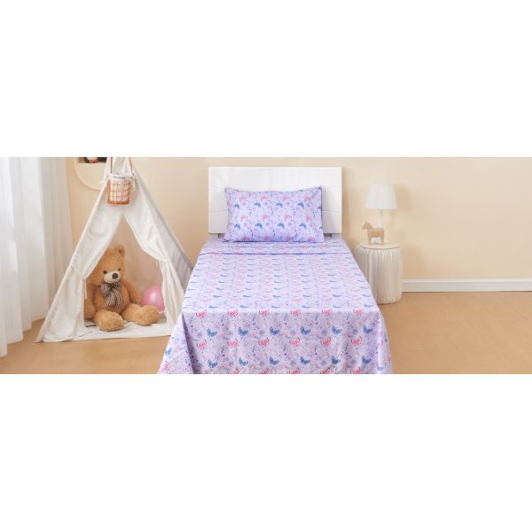 Girls Sheet Set with Floral Butterfly Pattern, Breathable Silky Soft Microfiber Sheet Set
