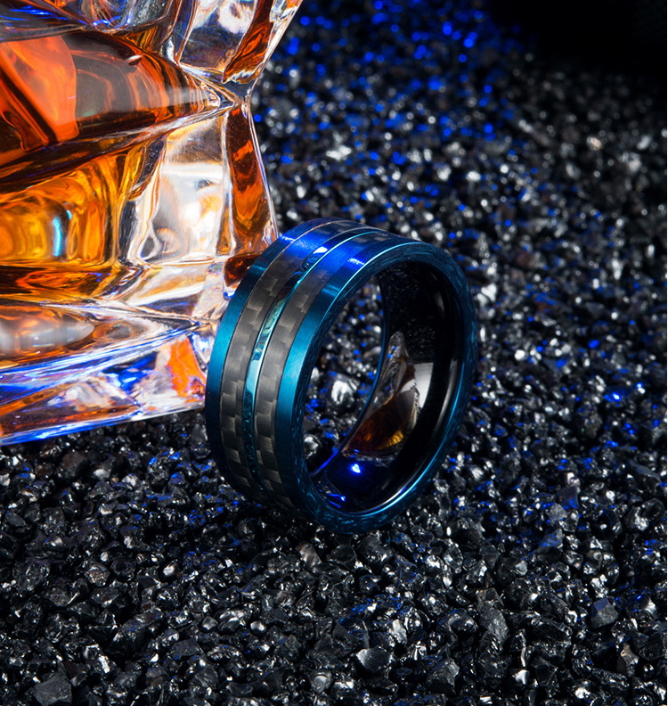 High Polished Stainless Steel Love Wedding Band Blue Plated Dome Groove Couples Engagement Rings