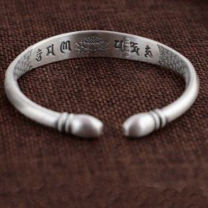 Women Sterling Silver Cuff Bracelet Engraved Fowers Blessings Retro Bangle