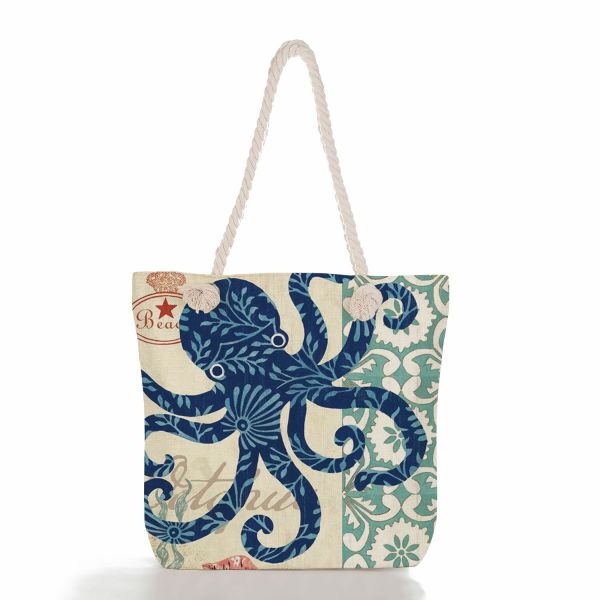 Octopus Turtle Print Thick Rope Vintage Beach Bag large capacity For Women