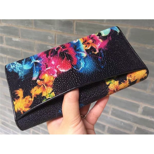 Authentic Stingray Skin Closure Female Large Flower Purse Wallet Genuine Leather Lady Phone Clutch Women Card Holder