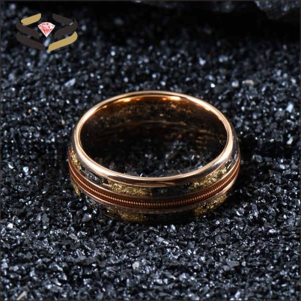 Men'S Tungsten Wedding Band Ring 8mm Rose Gold Plating with Triple Channel Guitar String Meteorite Gold Foil Inlay
