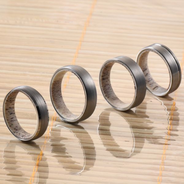 6mm Silver or Black Plated Wedding Engagement Band with Natural Deer Antler Inside Dome Edges Comfort Fit Geometric Shape