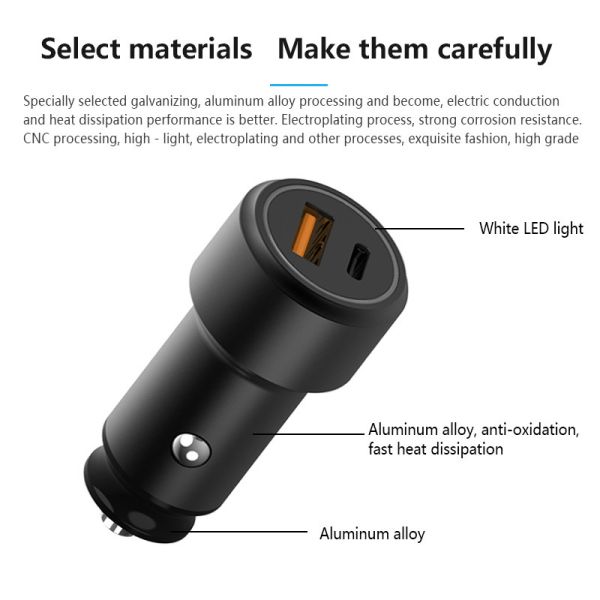 PD+USB 2.1A CAR CHARGER FAST USB CAR CHARGER Compatible with all smart phones, type-c fast car charge