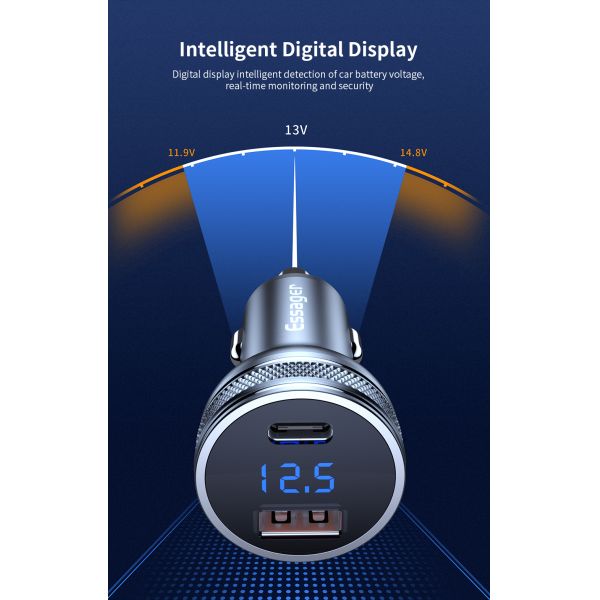 ESSAGER PD3.0 QC3.0 36W LED Digital Display USB C Car Chargers Dual Port