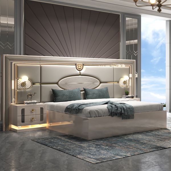 Modern Luxury Wood Frame Double King Size Bed Set Villa Home Master Room Queen Leather Wooden Mdf Full Furniture Bedroom Sets