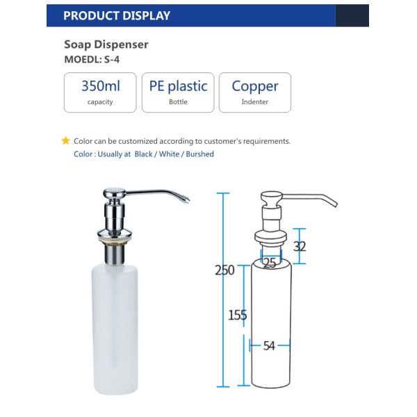 350ml Built In Soap Dispenser Kitchen Sink PE Plastic Bottle Copper Indenter Pe Straw