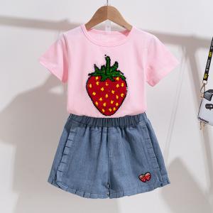 China White And Pink Strawberry Cotton Little Girls Clothes Girls Outfit Sets on sale