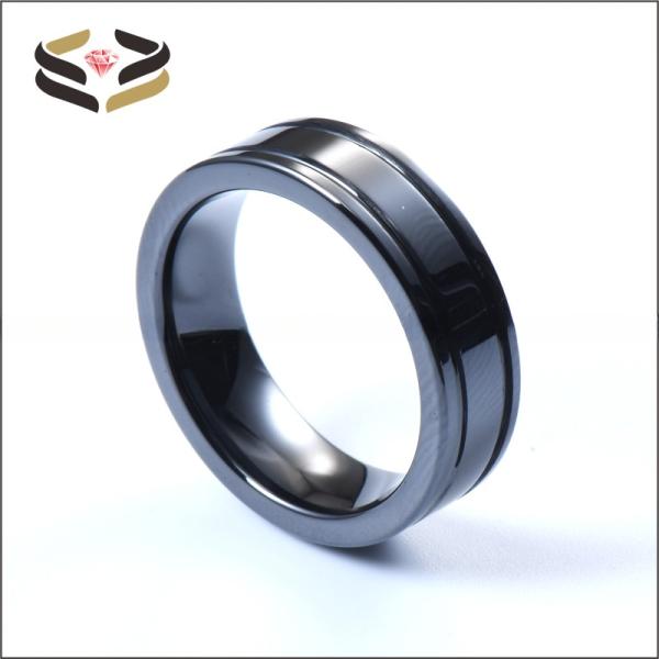 Geometric Black Ceramic Wedding Band Double Grooved Line 6mm For Men Women