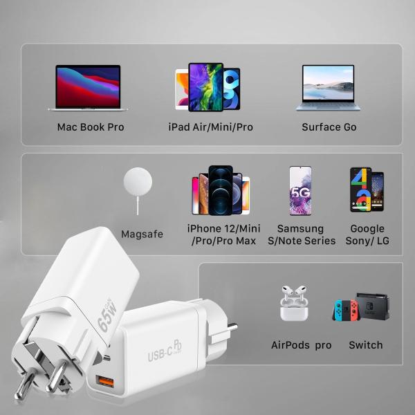 White 65W 3 Port USB Fast Charger USB C Fast Charging Adapter Wall Charger