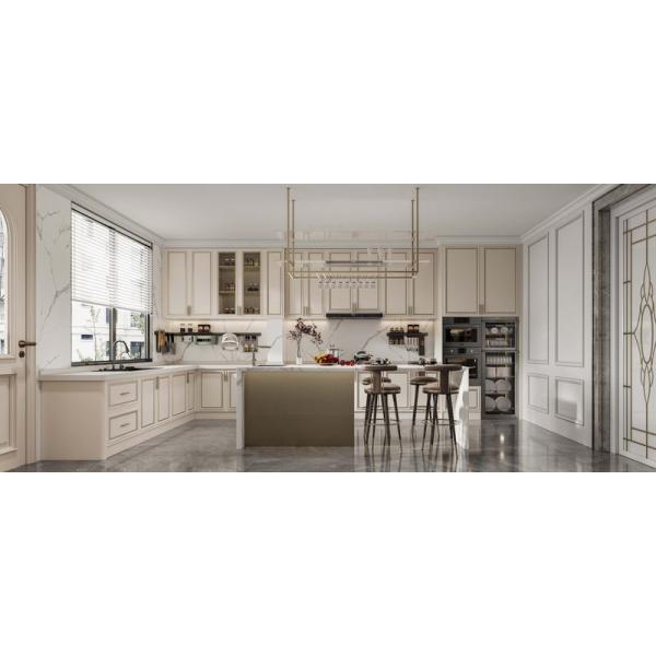 Chic Elegant Beige Modern Kitchen Cabinet With Opulent White Marble Stainless Steel