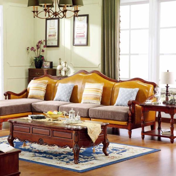 American sofa leather sofa oil wax solid wood sofa set