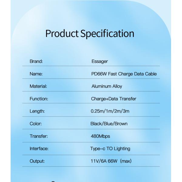 Essager Super Charger USB A To C Data Cable USB2.0 6A PD 66W