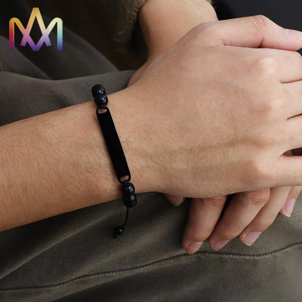 Hypoallergenic Adjustable Mens Black Beaded Bracelet 95mm Max