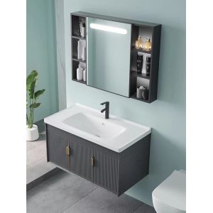 Grey Black Ceramic Wash Basin Cabinet Set Aluminium Mirrored Bathroom Cabinet