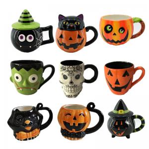 Cheap Custom Ceramic Hand-painted Halloween Coffee Mug Creative 3D Embossed Cat Pumpkin Ghost Skull Witch Monster Mugs wholesale