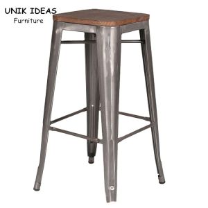 Cheap 35&quot; Rustic Industrial Cafe Bar Stool Black Wooden Seat Metal High Chair wholesale