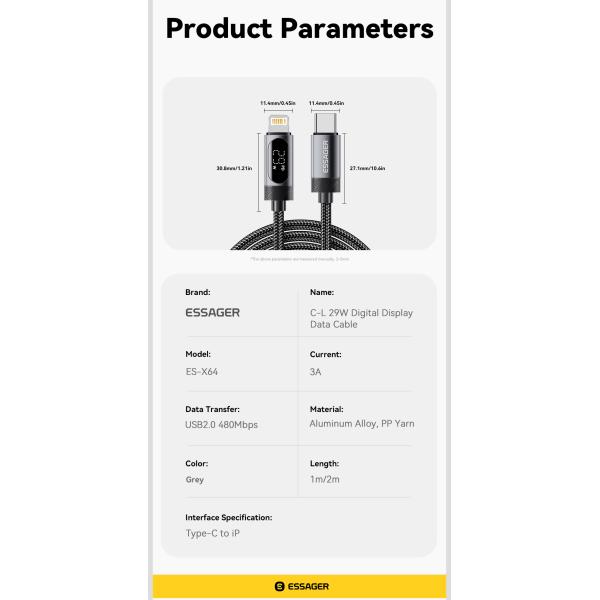 ESSAGER ES-X64 Series 29W USB-C to Lighting Charging Cord Data Cable with Aluminum Alloy Jacket and PD Function
