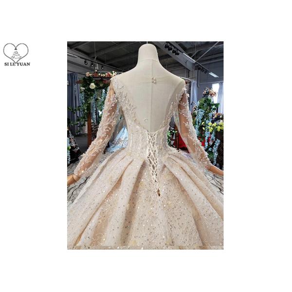 Long Sleeeve Ladies Bridal Gown Special Lace Sequins Fabric Big Long Tail