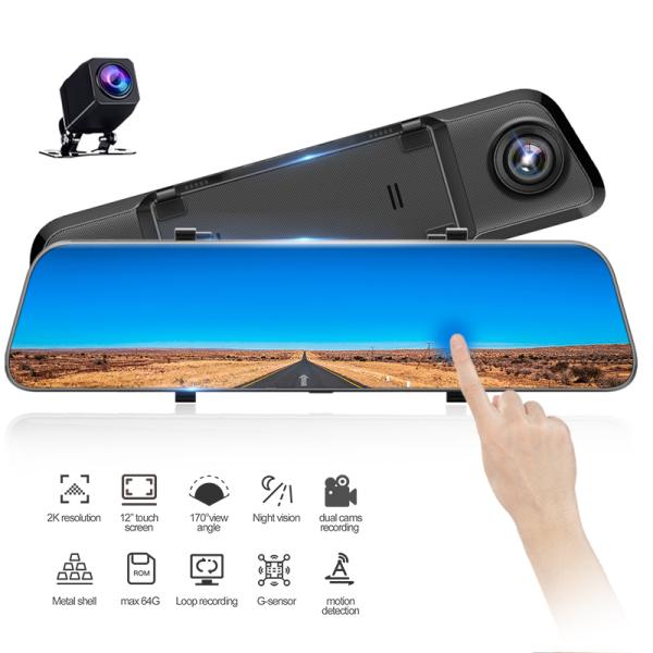 HD 12 Inch 2K 1440P Dual Car DVR Mirror Camera Built In G Sensor