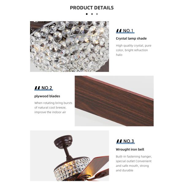 Bedroom AC110V 4100K Flush Mount Crystal Chandelier Ceiling Fan Remote Control