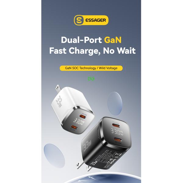 ESSAGER ES-CD45 33W GaN Charger Dual USB C PD Charger for Power Supply Adapter