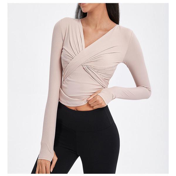 Cross Folded Ladies Yoga Tops Long Sleeve V Neck Sports Shirts With Thumb Hole