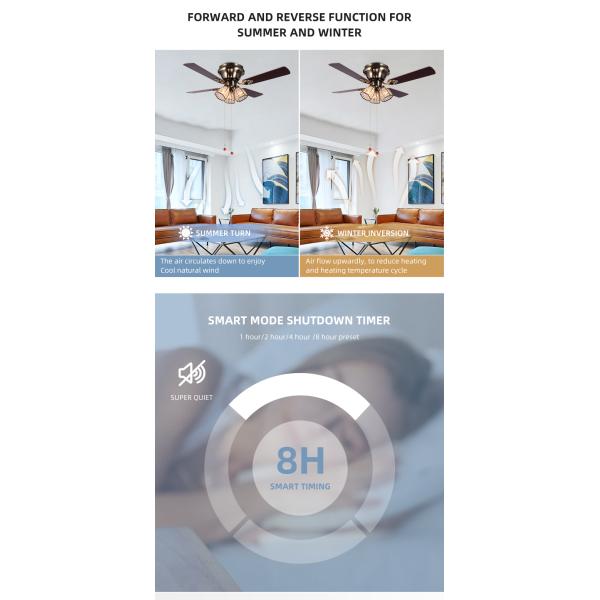 Minimalist Style Antique Brass Crystal Led Ceiling Fan 100lm/w 48inch 4 Blades