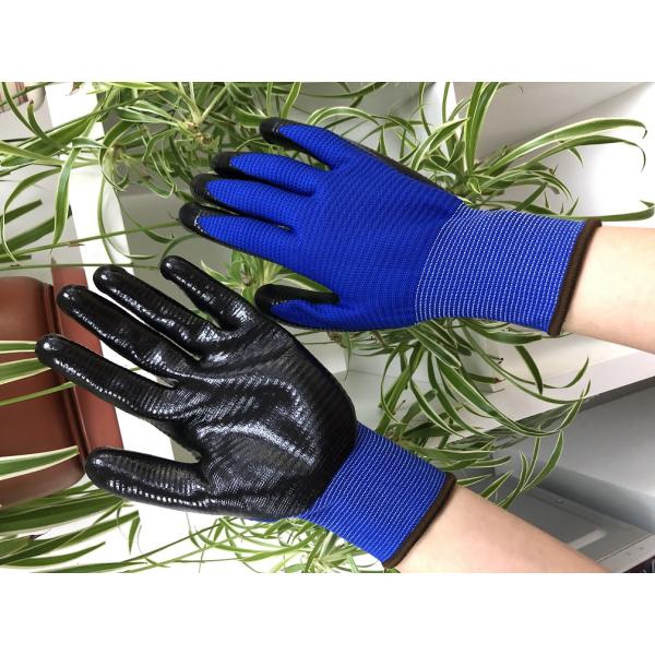 Seamless Blue Polyester Knit Black Nitrile Gloves