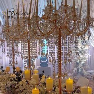 China 15 Arms Gold Tall Lead Crystal Candelabras Centerpieces Beaded For Wedding Table on sale