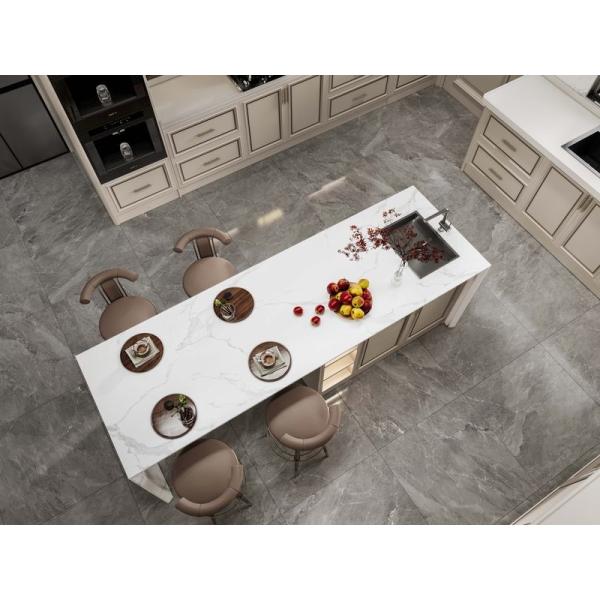 Chic Elegant Beige Modern Kitchen Cabinet With Opulent White Marble Stainless Steel