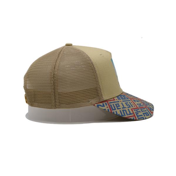 Printed Patch 5 Panel Baseball Cap Light Yellow Polyester And Mesh